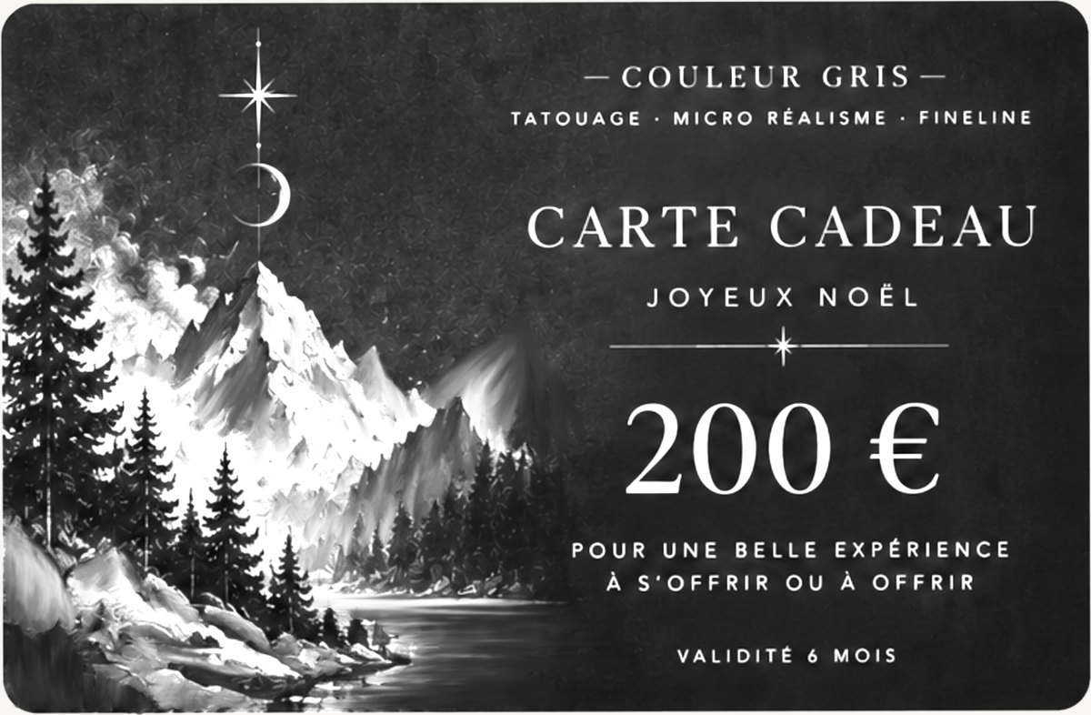 Carte cadeau tatouage Couleur Gris de 200 euros, illustration en noir et gris