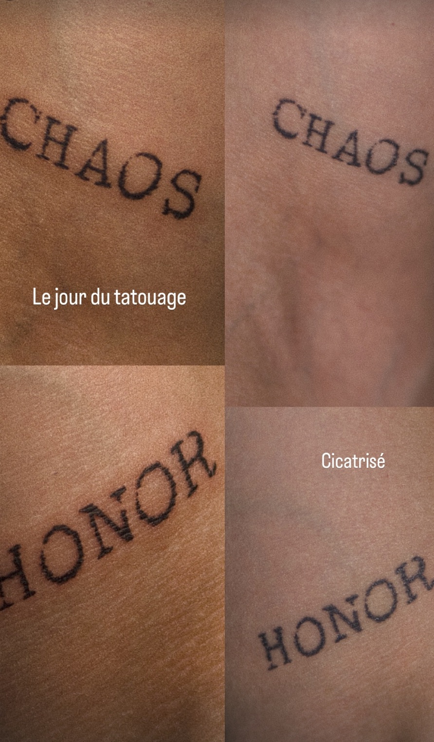 Tatouage lettrage fine line, avant et après cicatrisation, Couleur Gris Bordeaux